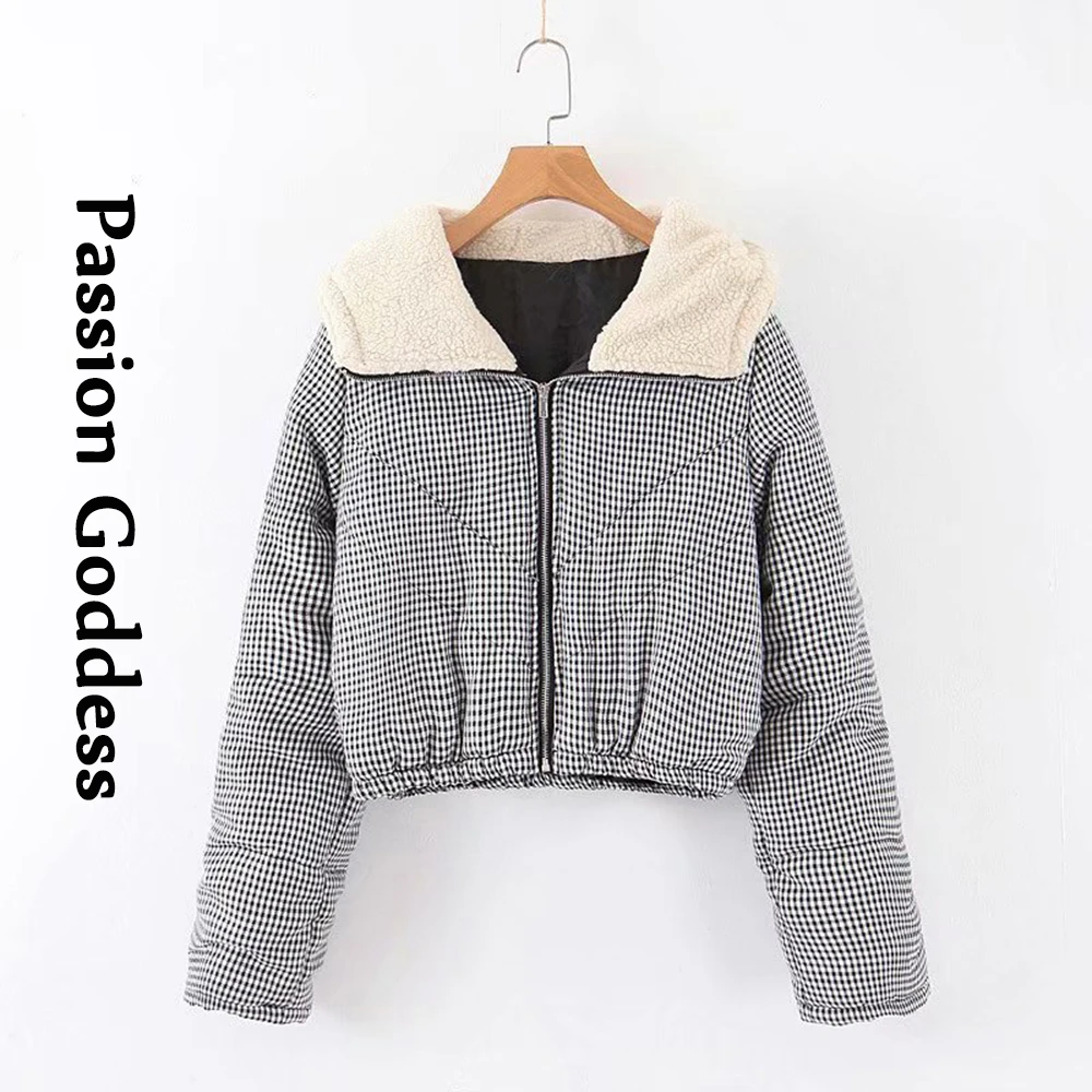 Houndstooth Puffer Hoody Jackets Women Thick Warm Hooded Puffly Cropped Jackets Lambswool Bubble Coats Zipper Loose Down Parkas
