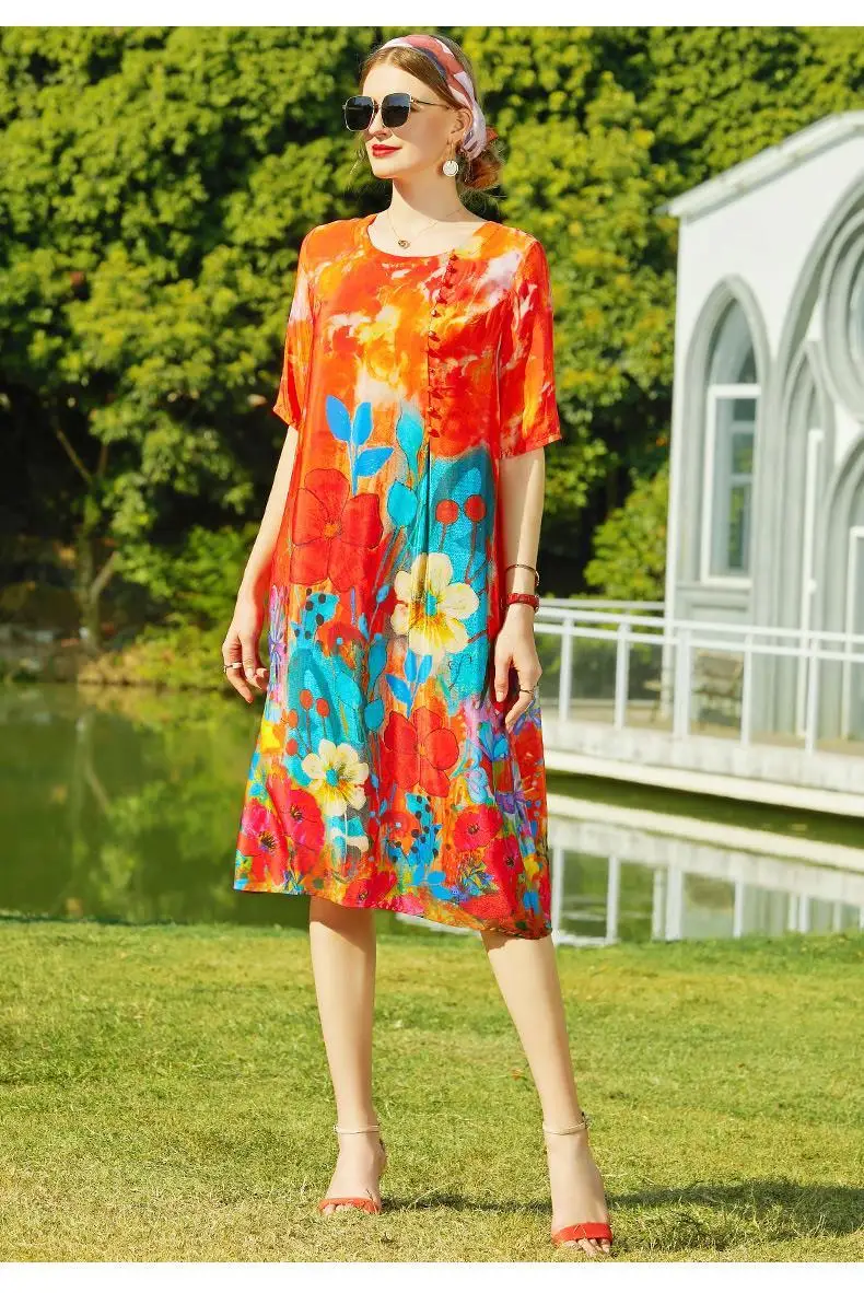 2021 New Summer Women Fashion Casual O-Neck Streetwear Dresses Lady Silk Floral Print Dress Elegant Loose Mid-long Vestidos B28
2021 New Summer Women Fashion Casual O-Neck Streetwear Dresses Lady Silk Floral Print Dress Elegant Loose Mid-long Vestidos B28