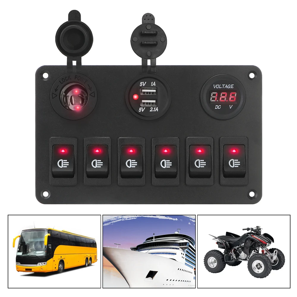 ON/OFF Lights 6 Gang Rocker Switch Panel DC 12V/24V Dual USB Ports Car Marine Circuit Breaker LED Digital Voltmeter Waterproof
ON/OFF Lights 6 Gang Rocker Switch Panel DC 12V/24V Dual USB Ports Car Marine Circuit Breaker LED Digital Voltmeter Waterproof