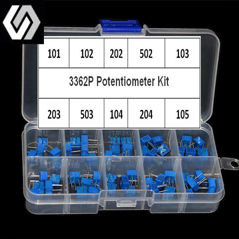 50PCS/LOT 3362P 100R-1M ohm 10values*5PCS 3362 Potentiometer 101-105 Multiturn trimming potentiometers kit
50PCS/LOT 3362P 100R-1M ohm 10values*5PCS 3362 Potentiometer 101-105 Multiturn trimming potentiometers kit