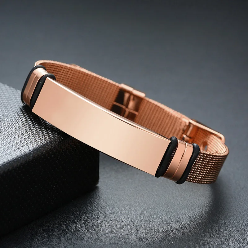 Rose Gold Mesh Buckle Bracelet for Men Belt Bracelet Engravable Adjustable Watch Band Brazalets Unisex Jewelry
Rose Gold Mesh Buckle Bracelet for Men Belt Bracelet Engravable Adjustable Watch Band Brazalets Unisex Jewelry