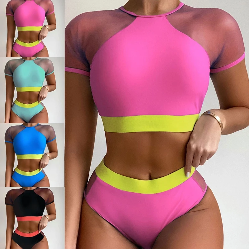 Women Sexy 2pcs Bikini Set Contrast Mesh Short Sleeve Crop Top High Waist Thong Swimsuit Color Block Bathing Suit
Women Sexy 2pcs Bikini Set Contrast Mesh Short Sleeve Crop Top High Waist Thong Swimsuit Color Block Bathing Suit