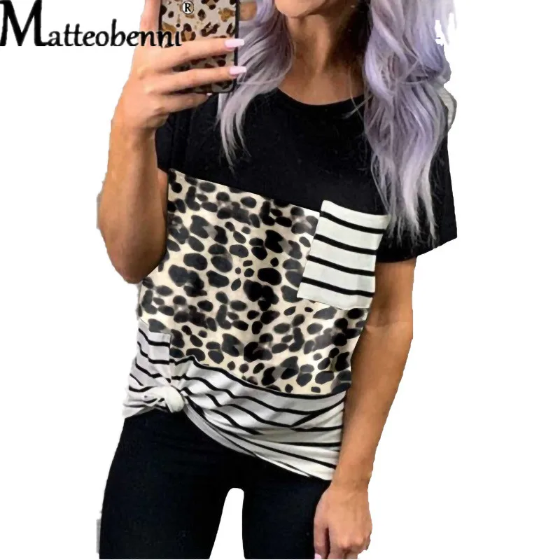 Fashion Women Casual Short Sleeve Summer T-shirt Leopard Stripes Stitching T Shirt Pocket Ladies Loose T Shirt Streetwear Tops
Fashion Women Casual Short Sleeve Summer T-shirt Leopard Stripes Stitching T Shirt Pocket Ladies Loose T Shirt Streetwear Tops