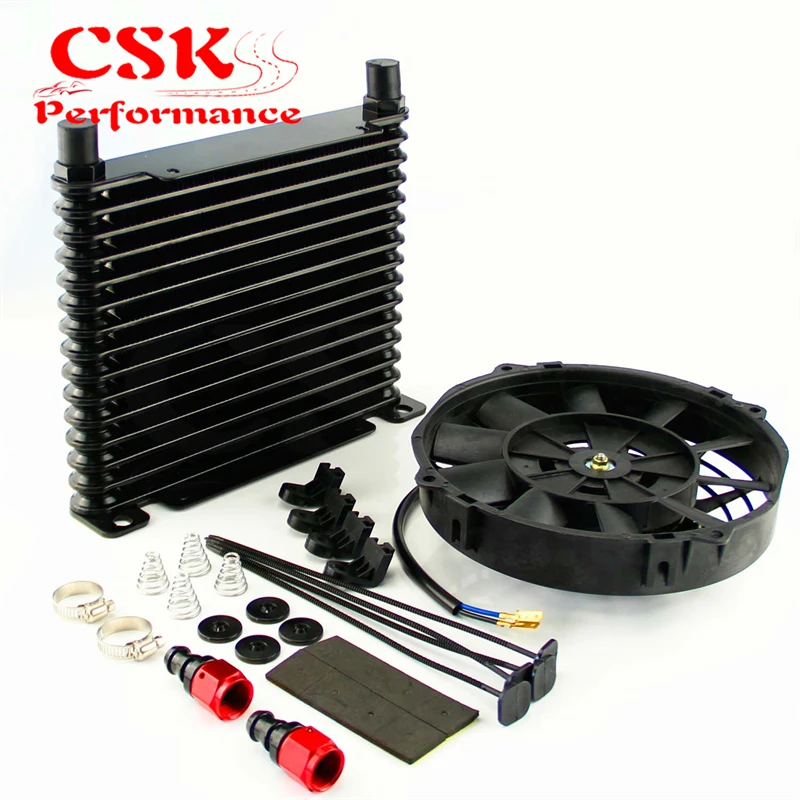 

10-AN 32mm Aluminum 15 Row Engine/Transmission Racing Oil Cooler+7" Electric Fan Kit w/ Fittings Black