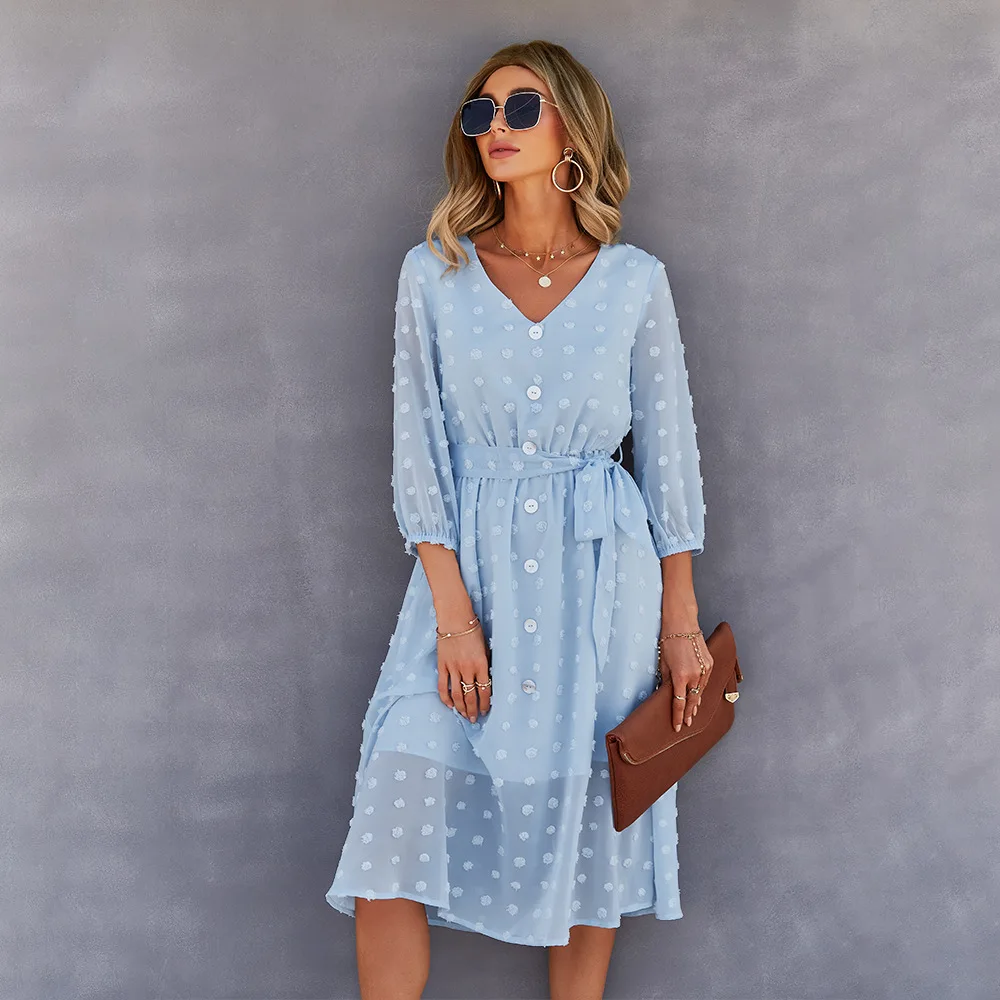 2021 Fashion Woman Summer Dress V Neck Three Quarter Sleeve Dot Chiffon Dress Buttons Belted Holidays Beach Party Dresses
2021 Fashion Woman Summer Dress V Neck Three Quarter Sleeve Dot Chiffon Dress Buttons Belted Holidays Beach Party Dresses