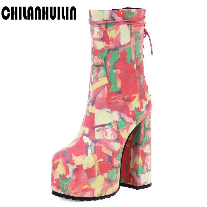 autumn winter women boots round toe high heel thick platform ankel boots fashion print lace up wedding party dress shoes pink
autumn winter women boots round toe high heel thick platform ankel boots fashion print lace up wedding party dress shoes pink