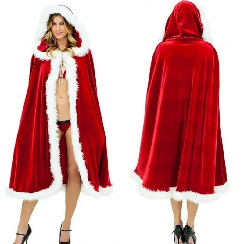 Женский Рождественский костюм Санта-Клауса сексуальная накидка из флока красный