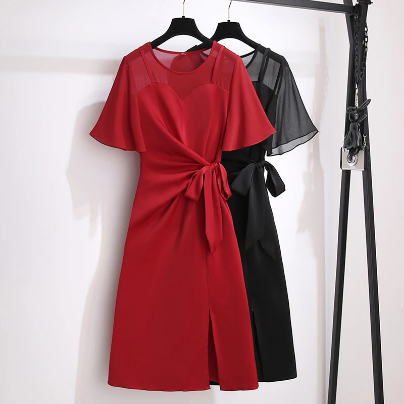 5XL Plus Size Women Elegant Chiffon Patchwork Satin Dresses Summer 2021 Fashion Short Sleeve Ladies Bow Lacing Warp Dresses 
5XL Plus Size Women Elegant Chiffon Patchwork Satin Dresses Summer 2021 Fashion Short Sleeve Ladies Bow Lacing Warp Dresses