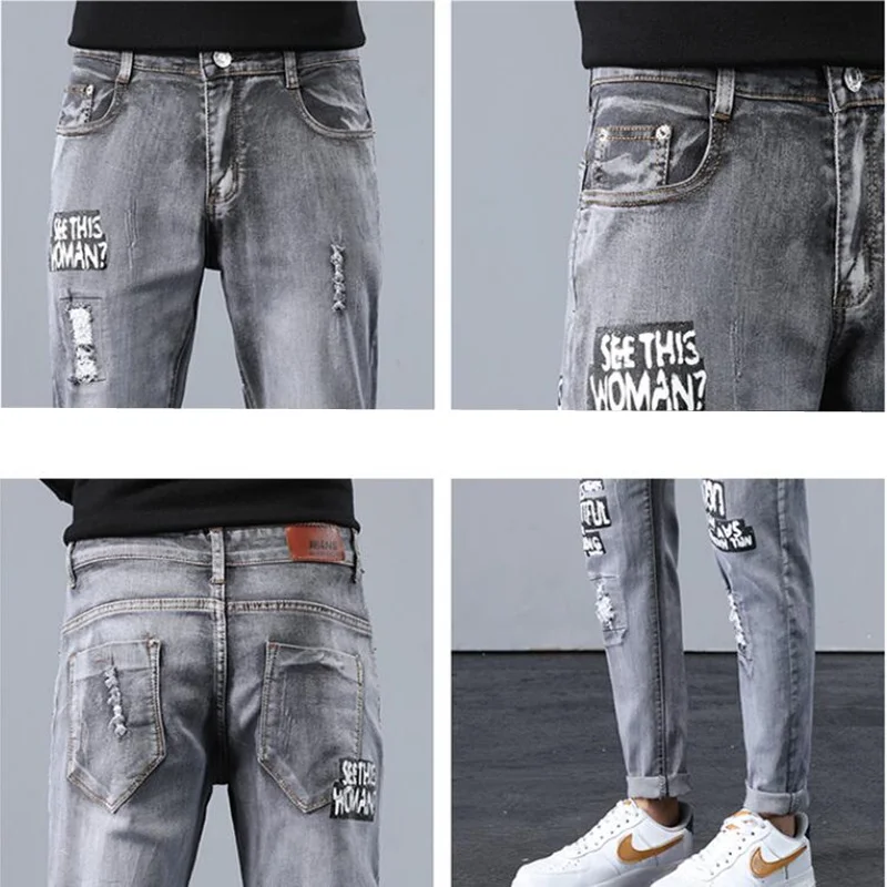 2021 Brand clothing Jeans Men Elastic Waist Skinny Jeans Men Stretch Ripped Pants Streetwear Mens Denim Jeans black grey 27-36 
2021 Brand clothing Jeans Men Elastic Waist Skinny Jeans Men Stretch Ripped Pants Streetwear Mens Denim Jeans black grey 27-36