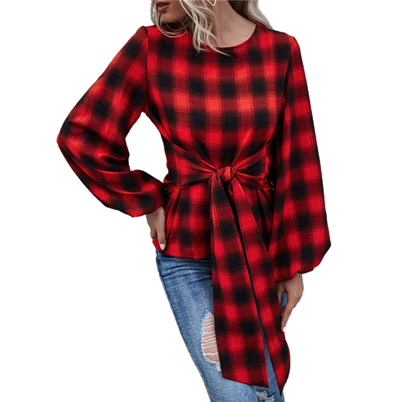 Woman's Fashion Retro Plaid Shirt Round Neck Long Lantern Sleeve Lace-up Pullover Daily Life and Vacation
Woman's Fashion Retro Plaid Shirt Round Neck Long Lantern Sleeve Lace-up Pullover Daily Life and Vacation