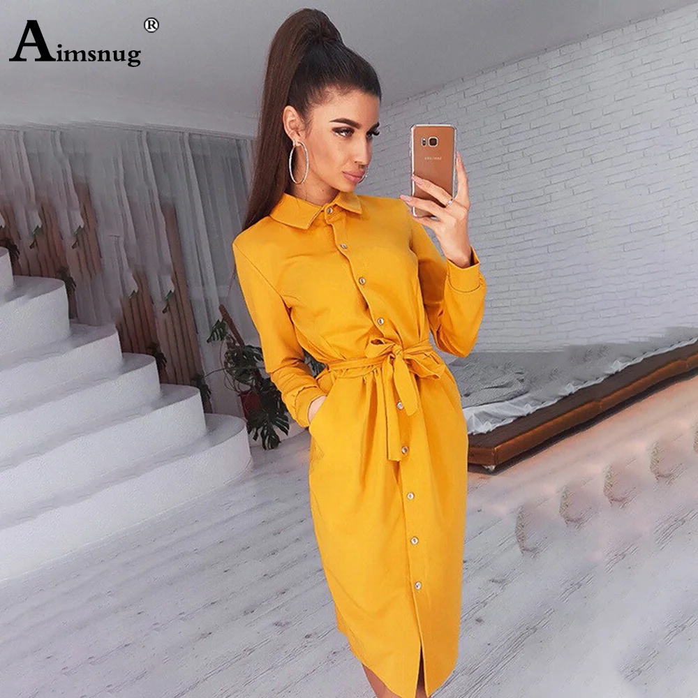 Solid Color Women Elegant Knee-Length Dress Patchwork Sashes Party Shirt Dresses 2020 Femme Single-breastedChic Dress Yellow Red 
Solid Color Women Elegant Knee-Length Dress Patchwork Sashes Party Shirt Dresses 2020 Femme Single-breastedChic Dress Yellow Red