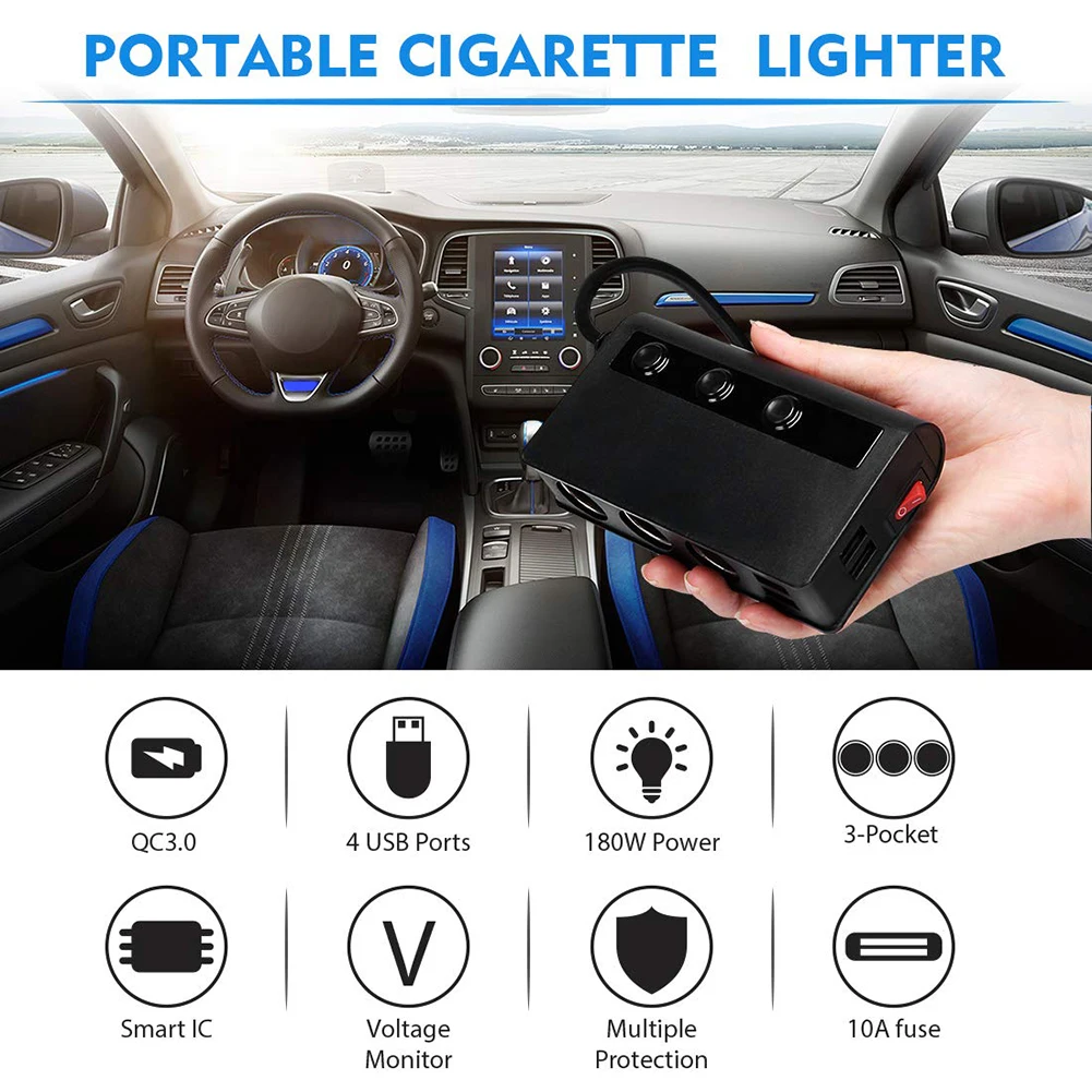 Quick Charge 3.0 Cigarette Lighter Splitter 12V/24V 3-Socket 180W ON-OFF DC Power Car Splitter with 4-Port USB Car Charger
Quick Charge 3.0 Cigarette Lighter Splitter 12V/24V 3-Socket 180W ON-OFF DC Power Car Splitter with 4-Port USB Car Charger