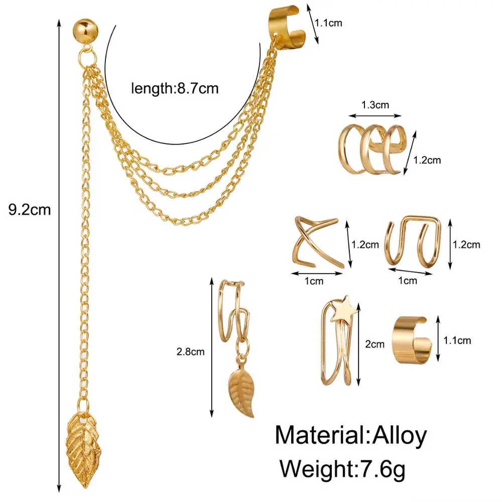 New 2021 7pcs Fashion Gold Star Leaves Non-Piercing Ear Clip Earrings For Women Simple Fake Cartilage Ear Cuff Jewelry Clip 
New 2021 7pcs Fashion Gold Star Leaves Non-Piercing Ear Clip Earrings For Women Simple Fake Cartilage Ear Cuff Jewelry Clip