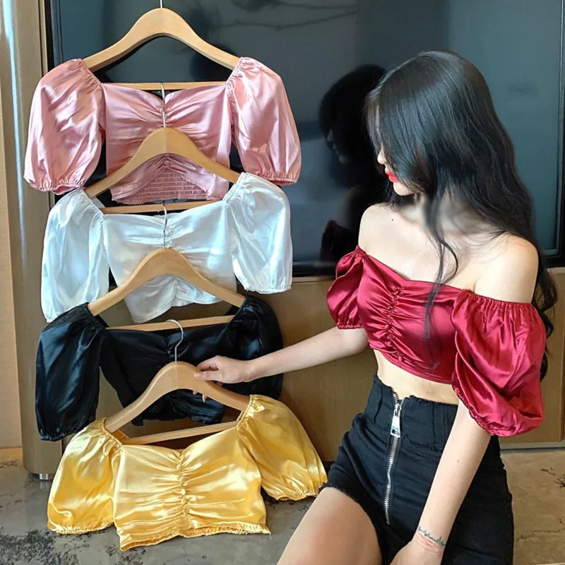 Women's Solid Slash Neck Blouses Sweet Sexy Exposed Navel Short Sleeve Solid Color Shirts 2020
Women's Solid Slash Neck Blouses Sweet Sexy Exposed Navel Short Sleeve Solid Color Shirts 2020