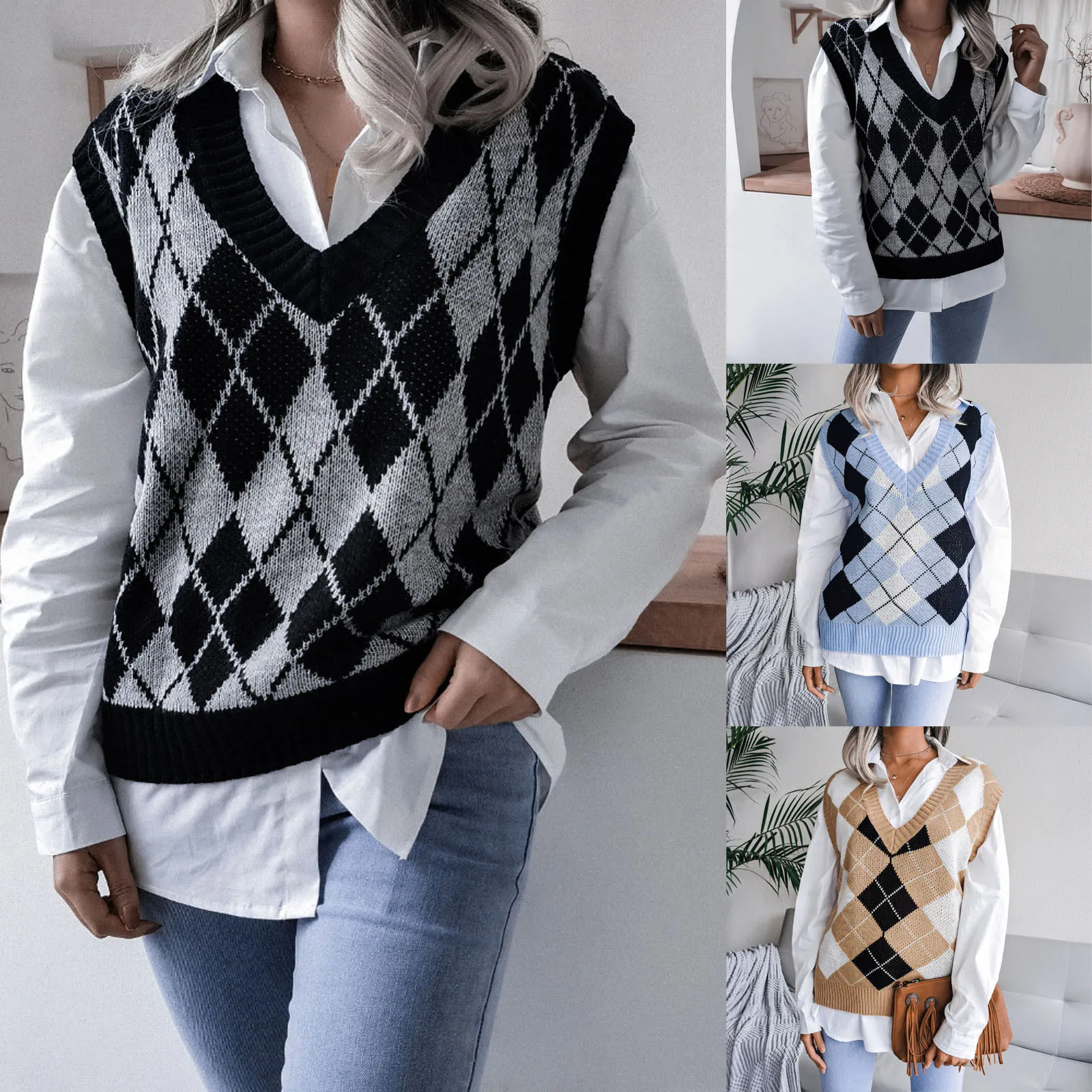 Vintage Argyle Sweater Vest Women Black Sleeveless V Neck Plaid Knitted Sweater Casual Winter Preppy Style 2021 Tops Жилетка
Vintage Argyle Sweater Vest Women Black Sleeveless V Neck Plaid Knitted Sweater Casual Winter Preppy Style 2021 Tops Жилетка