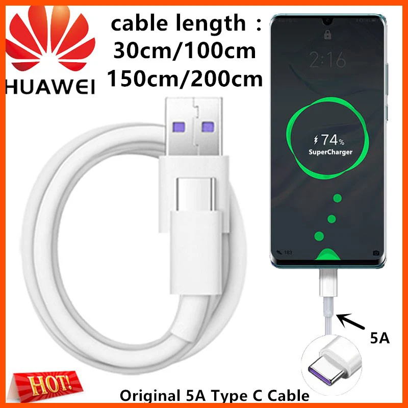 Оригинальный зарядный кабель Huawei 5A SuperCharger USB Type C 30 см/100 см/150 см/200 см p20 p30 pro mate 20 Honor