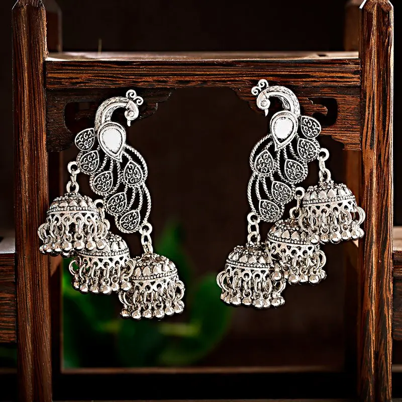 Women's Vintage Silver Color Peacock Jhumka Earrings Indian Jewelry Turkish Carved Bells Statement Earrings Tribal Gypsy Jewelry
Women's Vintage Silver Color Peacock Jhumka Earrings Indian Jewelry Turkish Carved Bells Statement Earrings Tribal Gypsy Jewelry