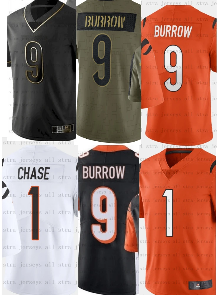 

1 Ja'marr Chase 9 Joe Burrow Men's Black Football T-Shirt 2021 Salute Jerseys American Football Sports Team Jersey
