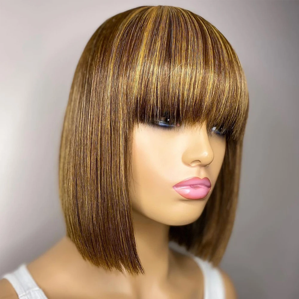

Short Bob Highlight Human Hair Wig With Bangs Brazilian Ombre Colored Honey Blonde Fringe Machine Made Bob Wigs for Black Women