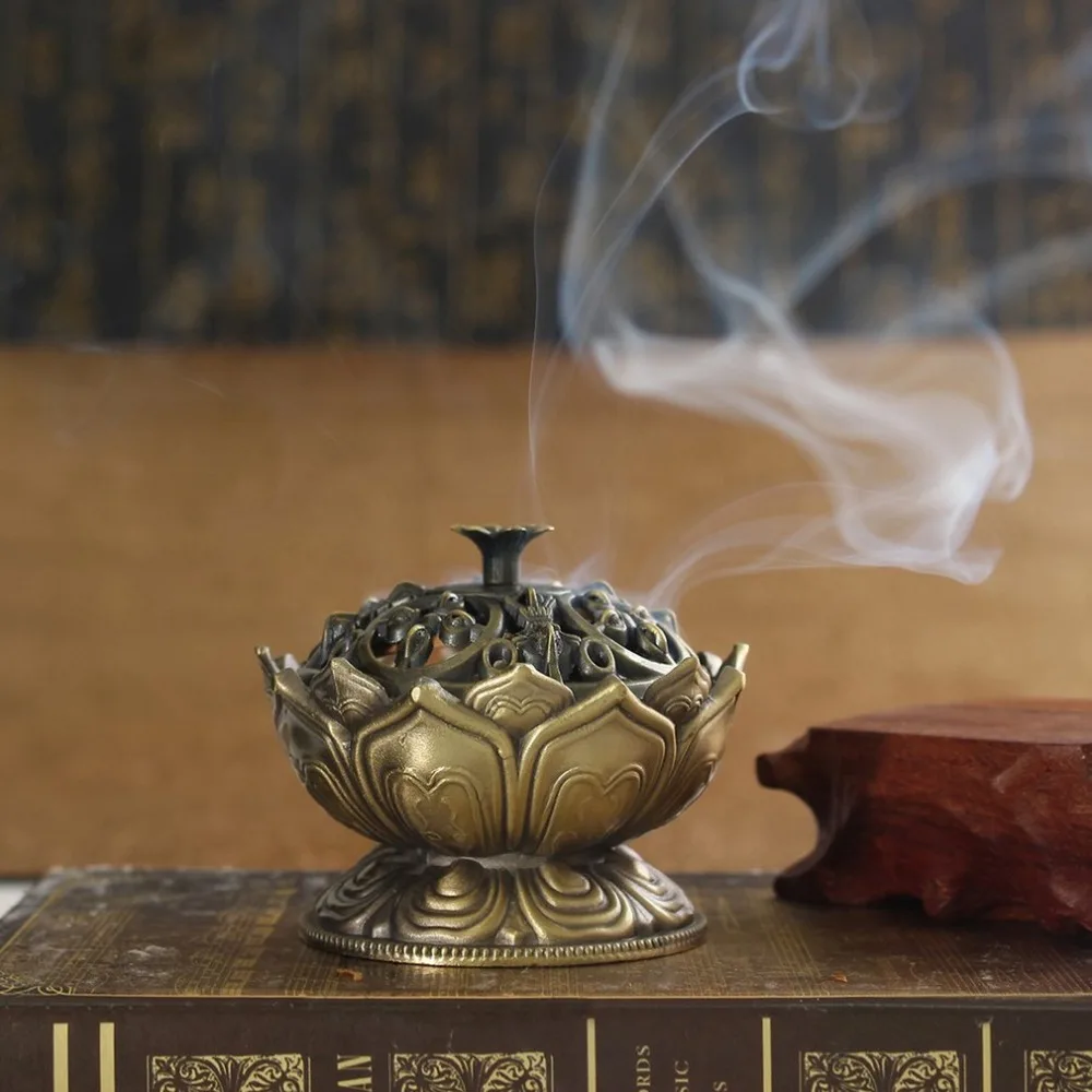Chinese Buddha Alloy Incense Burner Lotus Flower Holder Handmade Censer for Buddhist Home Office Decoration | Дом и сад