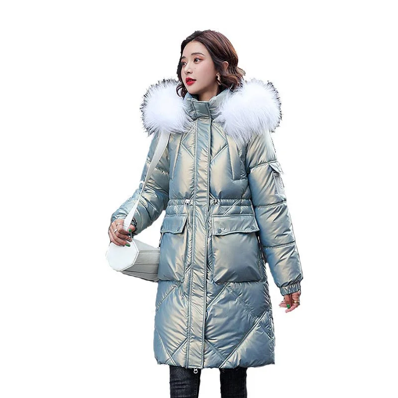 Cute Women Glossy Coat With Long Fur Collar Hooded Down Cotton Pockets Thick Warm Shiny Long Parkas Jacket Korean Style T542
Cute Women Glossy Coat With Long Fur Collar Hooded Down Cotton Pockets Thick Warm Shiny Long Parkas Jacket Korean Style T542