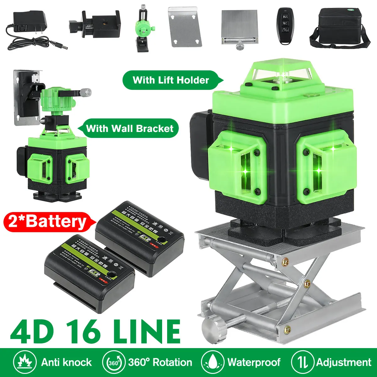 16 Lines 4D Green Laser Level Self-Leveling Wireless Remote 360 Horizontal & Vertical Cross Lines with 2 Batteries Wall Bracket
16 Lines 4D Green Laser Level Self-Leveling Wireless Remote 360 Horizontal & Vertical Cross Lines with 2 Batteries Wall Bracket