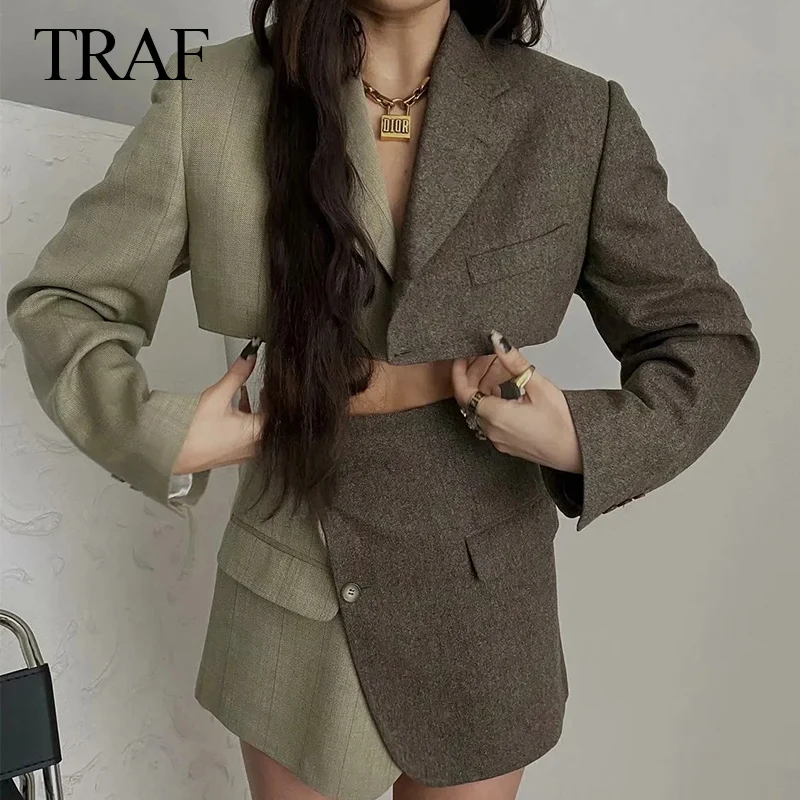 

TRAF ZA Women's Clothing Cropped Blazer+Skirt Fashion Office Lady Pocket Decoration Patchwork Cropped Blazer Suits With Skirt