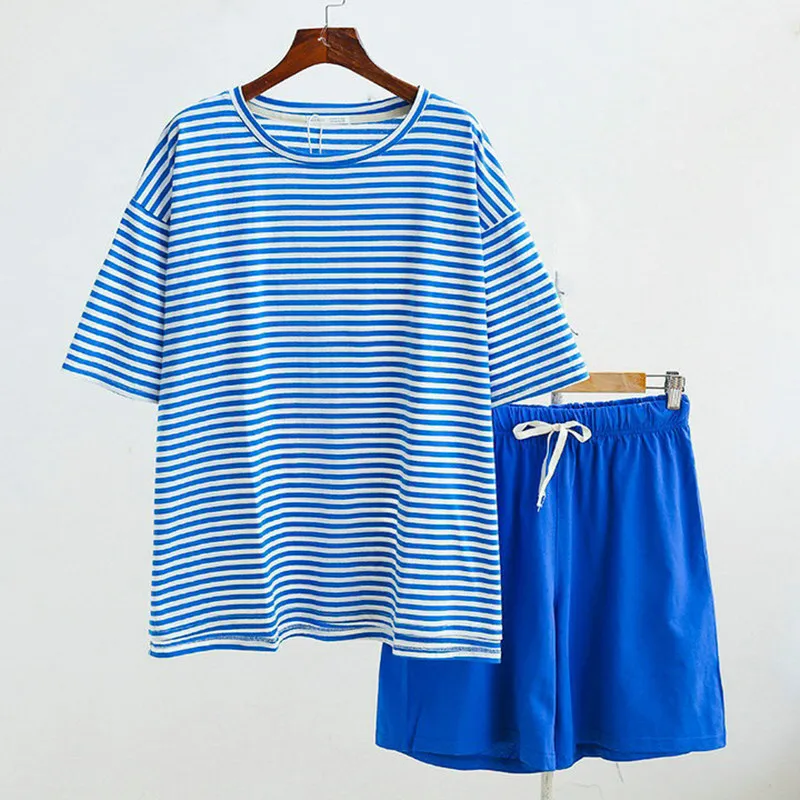 Casual Striped Pajamas Women Short Sleeve Cotton Home Clothes Loose Knit Shirt + Pant Two Pieces Set Sleepwear Female Pyjamas
Casual Striped Pajamas Women Short Sleeve Cotton Home Clothes Loose Knit Shirt + Pant Two Pieces Set Sleepwear Female Pyjamas