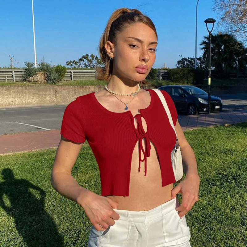 2021 Summer Women Sweater Sexy Tee Short Sleeve Cardigan Strap Adjustable Crop Top Ribbed Knit Stretchy Solid Knitted Top Shirt
2021 Summer Women Sweater Sexy Tee Short Sleeve Cardigan Strap Adjustable Crop Top Ribbed Knit Stretchy Solid Knitted Top Shirt