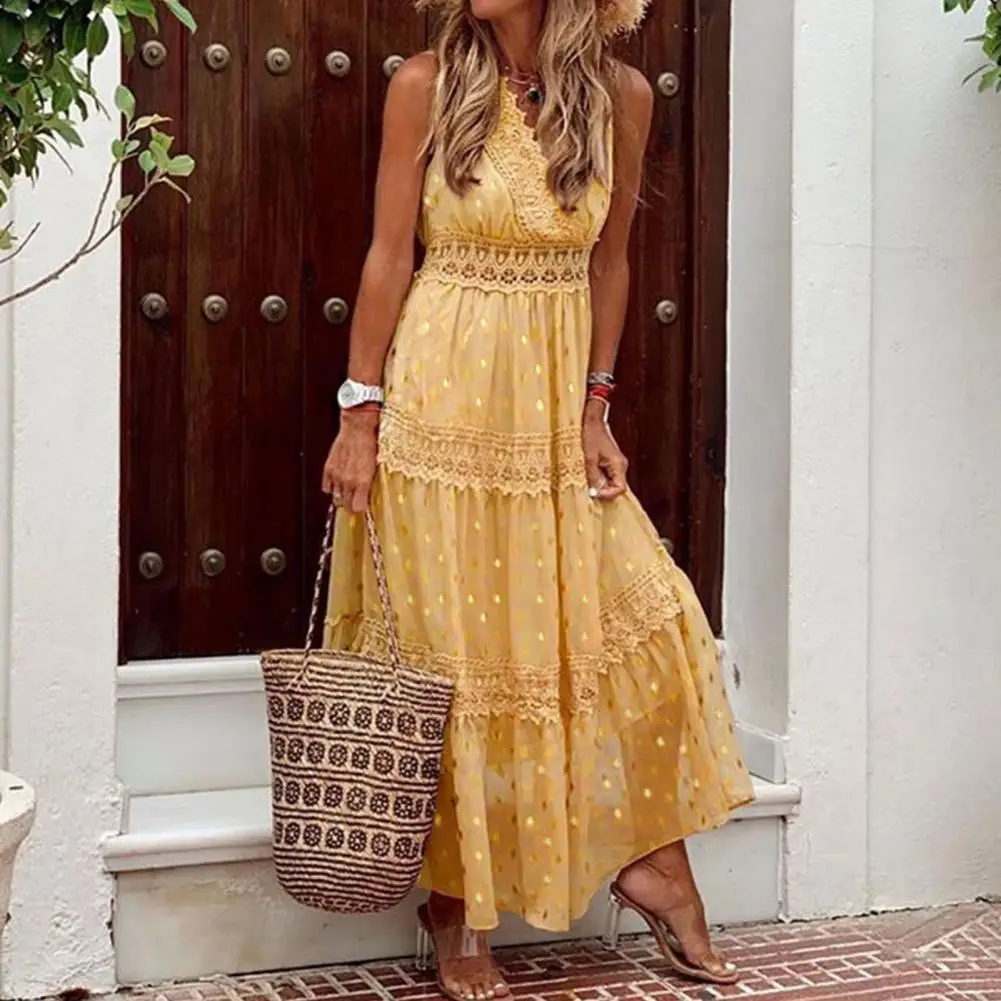 Women Sequin Maxi Dresses Lace Hollow out Mesh Deep V Backless High Waist Lace-up Sleeveless Dress Boho dress
Women Sequin Maxi Dresses Lace Hollow out Mesh Deep V Backless High Waist Lace-up Sleeveless Dress Boho dress