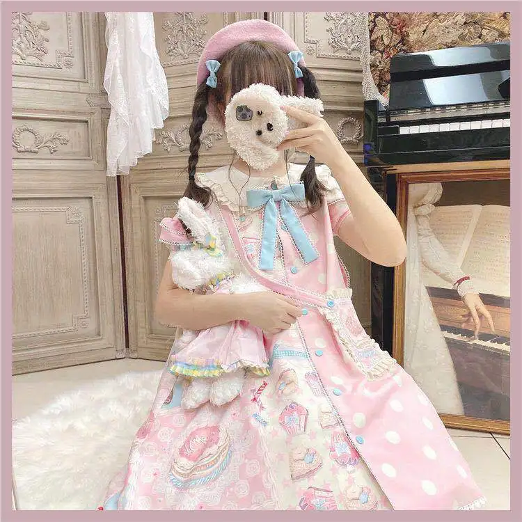 

Sweet Kawaii Lolita Dress Frost Sugar Sweetheart Summer Pink Women Vintage Victorian Gothic Princess Tea Party Dress OP Dress