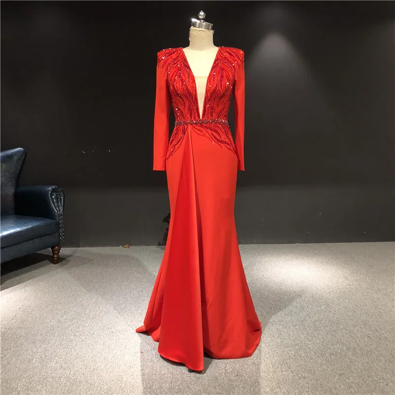100% Real Pictures Luxurious Red Satin Deep V-neck Full Sleeves Heavy Beads Mermaid Floor Length Formal Prom Party Evening Dress
100% Real Pictures Luxurious Red Satin Deep V-neck Full Sleeves Heavy Beads Mermaid Floor Length Formal Prom Party Evening Dress