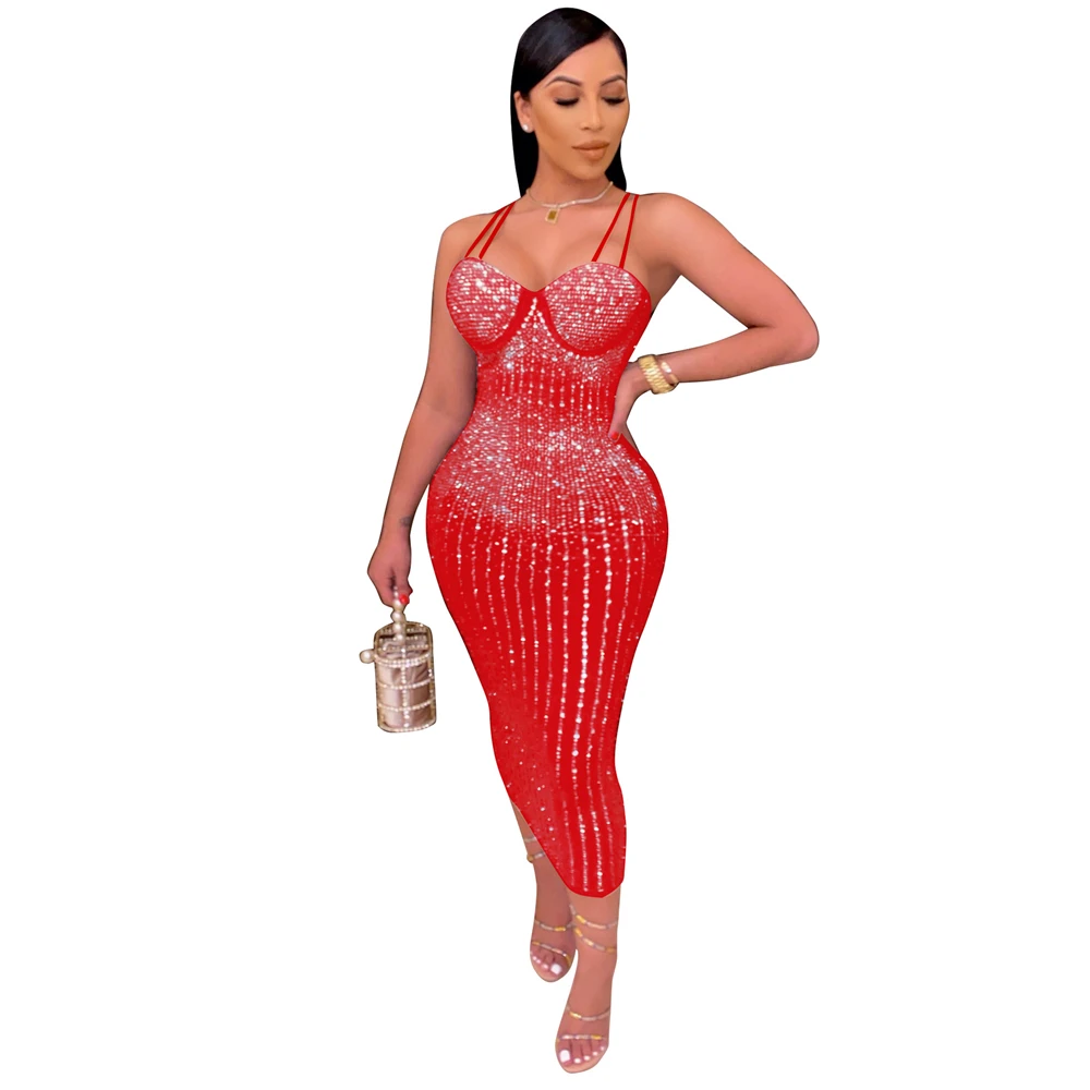 

2021 Women Sexy Club Party Pencil Dresses Mesh Diamonds See Though Rhinestones Plunging V-neck Sling Bodycon Dress