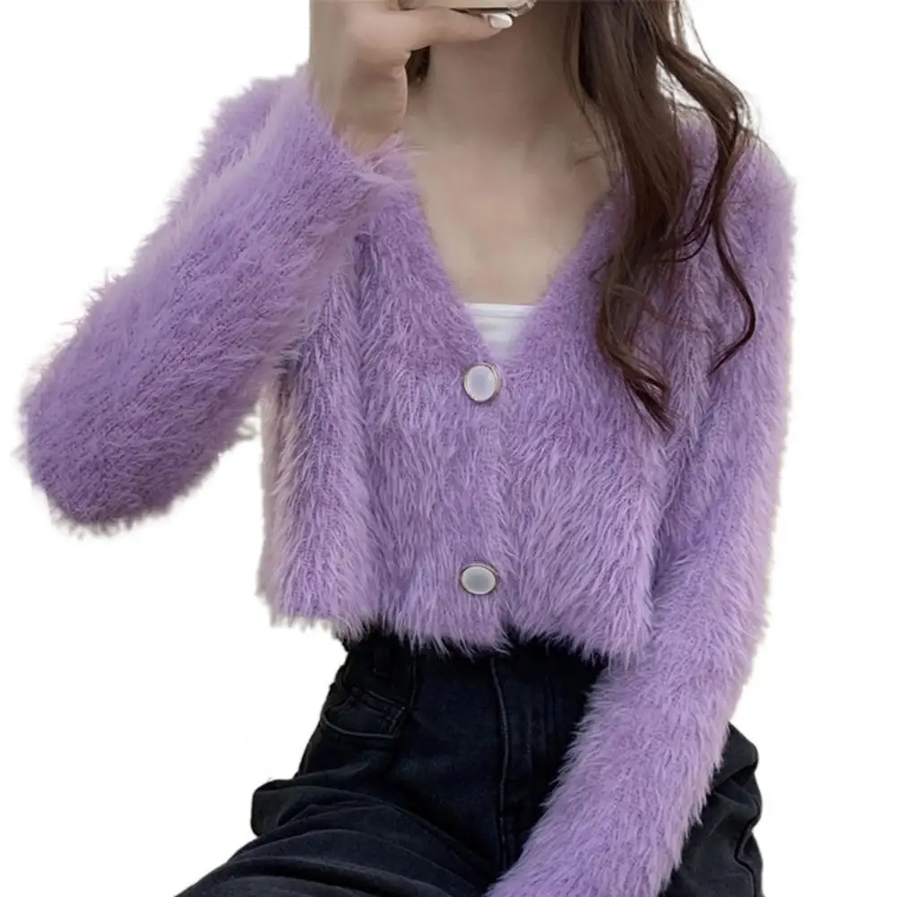 Women Short Cardigan Mohair Sweater V Neck Long Sleeve Solid Color Two Buttons Autumn Winter Fuzzy Copped Sweater for Daily Wear
Women Short Cardigan Mohair Sweater V Neck Long Sleeve Solid Color Two Buttons Autumn Winter Fuzzy Copped Sweater for Daily Wear