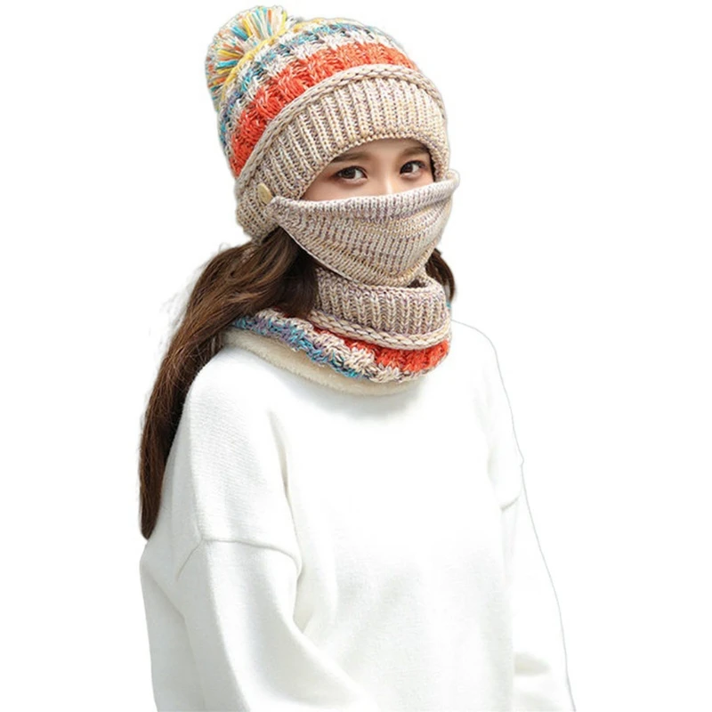 Women Winter 3Pcs Striped Knit Pompom Beanie Hat Plush Lined Scarf Face Mask Set M5TE
Women Winter 3Pcs Striped Knit Pompom Beanie Hat Plush Lined Scarf Face Mask Set M5TE
