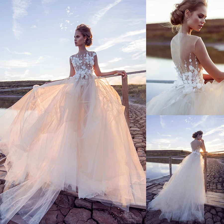 Gorgeous Tulle Illusion High Collar A-line Wedding Dresses With Beaded 3D Flowers Beach Bridal Dress robe de mariée 
Gorgeous Tulle Illusion High Collar A-line Wedding Dresses With Beaded 3D Flowers Beach Bridal Dress robe de mariée