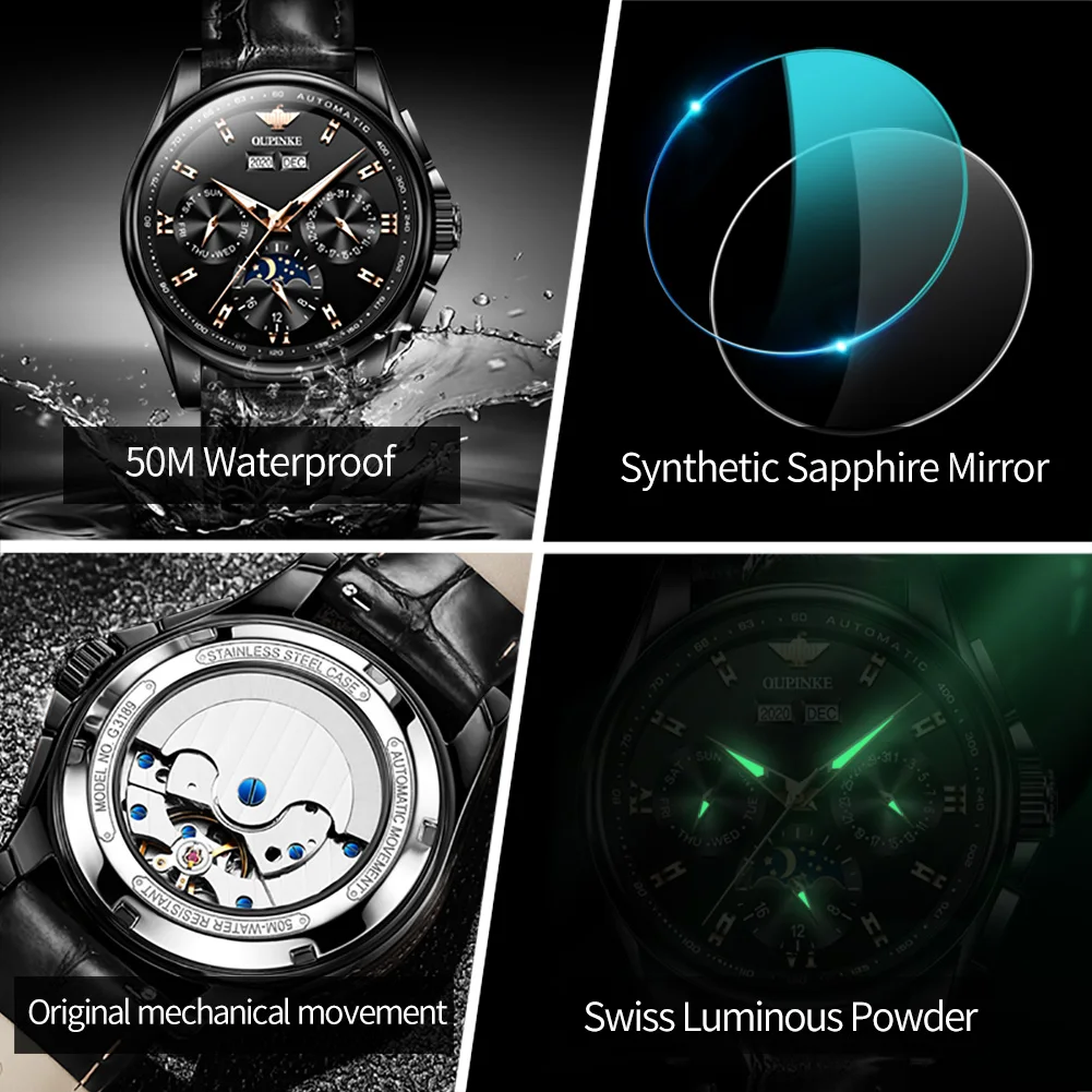 OUPINKE Black Leather Mens Watches Automatic Mechanical Moon phase Sapphire Glass Wristwatch Water resistance Watch Men 3189
OUPINKE Black Leather Mens Watches Automatic Mechanical Moon phase Sapphire Glass Wristwatch Water resistance Watch Men 3189