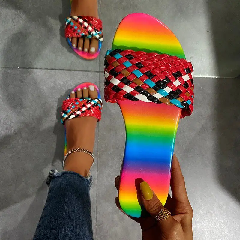 2021 summer outer size plus size new flat woven colorful slippers female rainbow sandals in stock
2021 summer outer size plus size new flat woven colorful slippers female rainbow sandals in stock