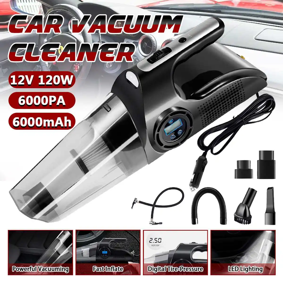 Новинка 4 в 1 Автомобильный Ручной пылесос с цифровым насосом для накачки шин манометр светодиодсветильник пылесос для дома автомобиля 
Новинка 4 в 1 Автомобильный Ручной пылесос с цифровым насосом для накачки шин манометр светодиодсветильник пылесос для дома автомобиля