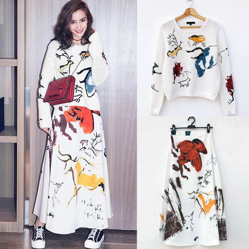 Fashion women's skirt suit hollow-out sweaters + print skirts two piece set Chic women elegant suit A891
Fashion women's skirt suit hollow-out sweaters + print skirts two piece set Chic women elegant suit A891