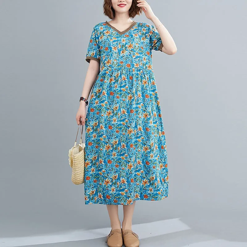 Women Summer Cotton Casual Dress New 2021 Arts Style Vintage V-neck Floral Print Loose Comfortable Female Long Dresses S3141
Women Summer Cotton Casual Dress New 2021 Arts Style Vintage V-neck Floral Print Loose Comfortable Female Long Dresses S3141