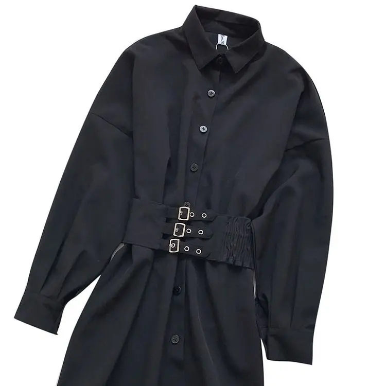 2021 spring and summer new Korean sexy loose medium length black shirt skirt Metal Button Waist Dress
2021 spring and summer new Korean sexy loose medium length black shirt skirt Metal Button Waist Dress