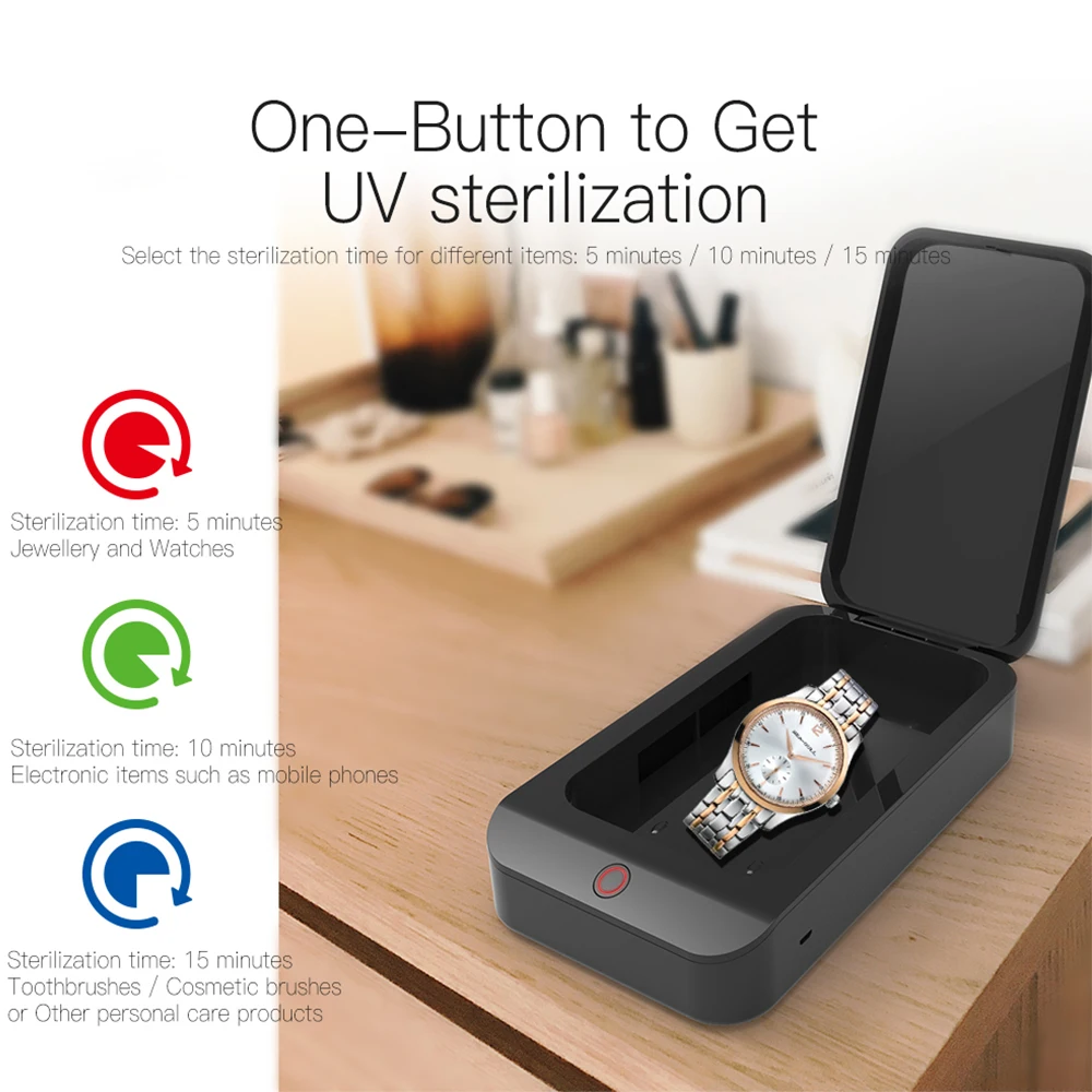 Multifunctional UV Sterilization Box Mini Disinfection Box for Mobile Phone Key Glasses Jewellery Built-in USB Charging Port
Multifunctional UV Sterilization Box Mini Disinfection Box for Mobile Phone Key Glasses Jewellery Built-in USB Charging Port