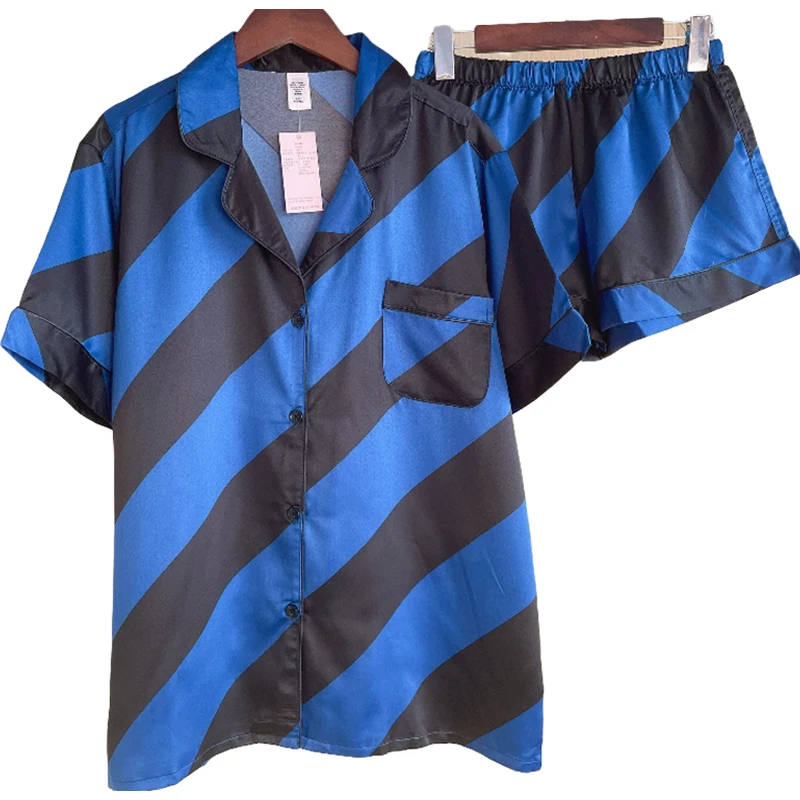 Women's Pajamas Satin Silk Short Sleeve Pijama Mujer Women's Suit Home Clothes Striped Seepwear Set Pyjamas Femme Tops Shorts
Women's Pajamas Satin Silk Short Sleeve Pijama Mujer Women's Suit Home Clothes Striped Seepwear Set Pyjamas Femme Tops Shorts