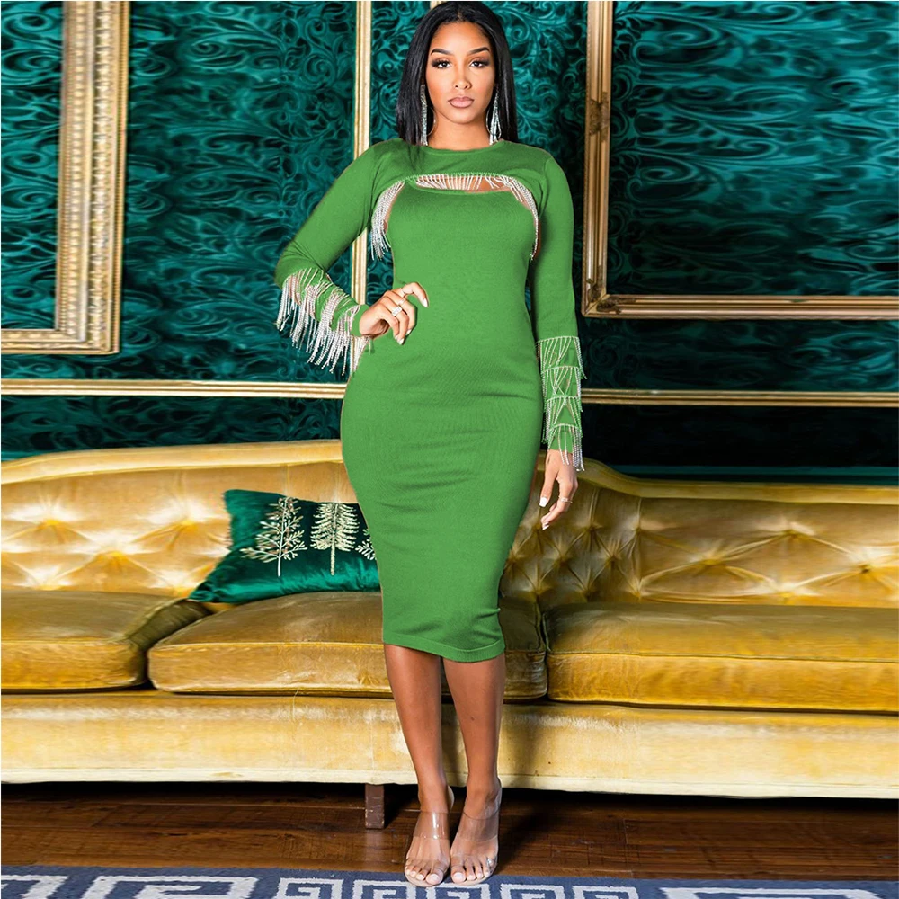 Elegant Fashion Rhinestone Tassel Two Piece Dress Sets Women Long Sleeve Extra-short Tops+bodycon Tank Dresses Matching Outfits
Elegant Fashion Rhinestone Tassel Two Piece Dress Sets Women Long Sleeve Extra-short Tops+bodycon Tank Dresses Matching Outfits