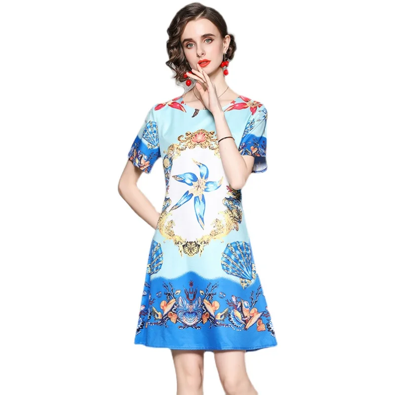 Summer Temperament Printed Party Dress Short Sleeve Round Neck Slim European Style Kawaii Clothes 
Summer Temperament Printed Party Dress Short Sleeve Round Neck Slim European Style Kawaii Clothes