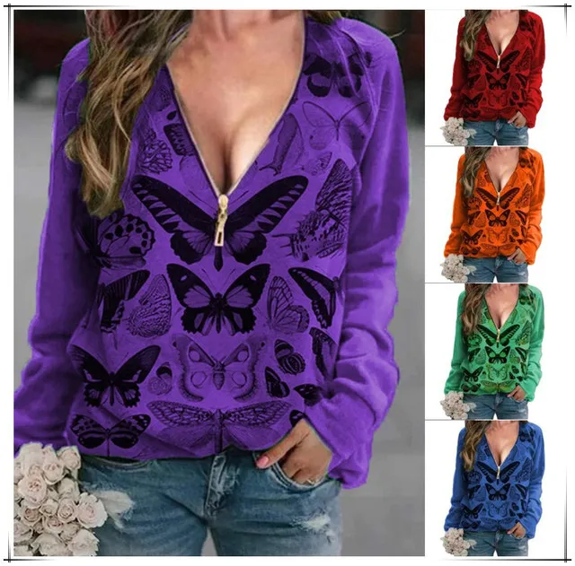 2021 Autumn Vintage 90s Ladies Zipper V-Neck Butterfly Print T-shirt Purple Urban Casual Sexy Top Plus Size 5XL Women Sweatshirt
2021 Autumn Vintage 90s Ladies Zipper V-Neck Butterfly Print T-shirt Purple Urban Casual Sexy Top Plus Size 5XL Women Sweatshirt