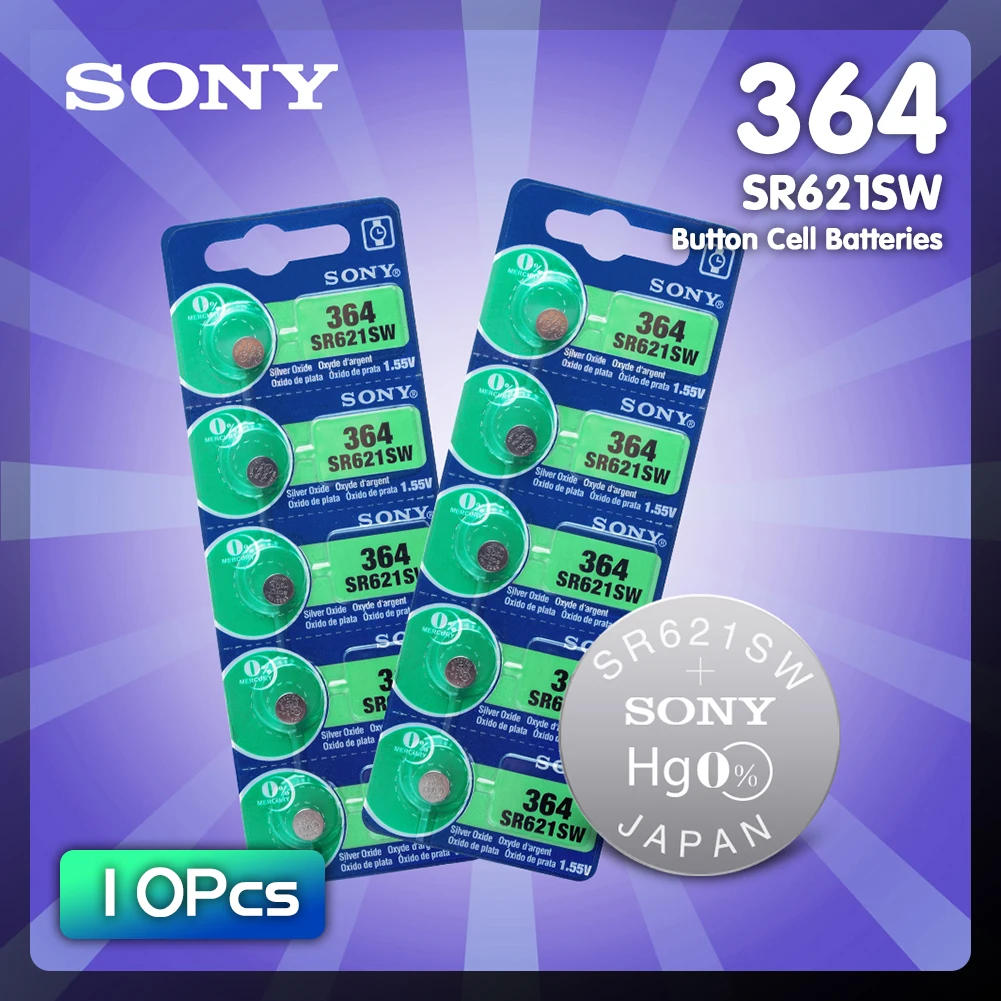 10pcs/lot Sony 364 1.55V Silver Oxide Watch Battery 364 SR621SW V364 SR60 SR621 AG1 Button Coin Cell MADE IN JAPAN 
10pcs/lot Sony 364 1.55V Silver Oxide Watch Battery 364 SR621SW V364 SR60 SR621 AG1 Button Coin Cell MADE IN JAPAN