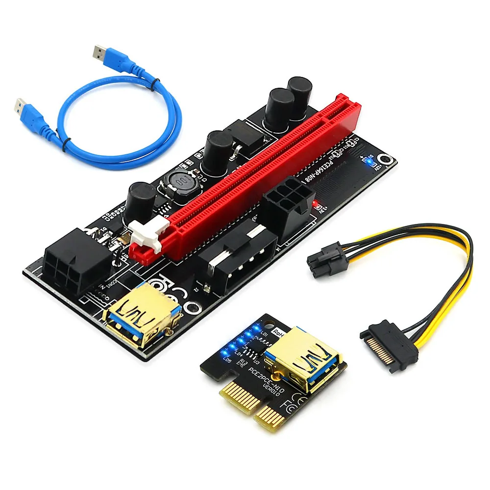 

1-10 шт. Новый PCIE Riser 009S 1X светодиодный Райзер для видеокарты PCI Express 16X расширитель USB 3,0 кабель SATA на 6 контактов питания для майнинга BTC