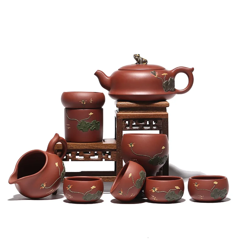 

Lotus pond moonlight purple sand teapot set 240cc China Yixing genuine pure handmade date red mud lotus leaf frog teapot tea set